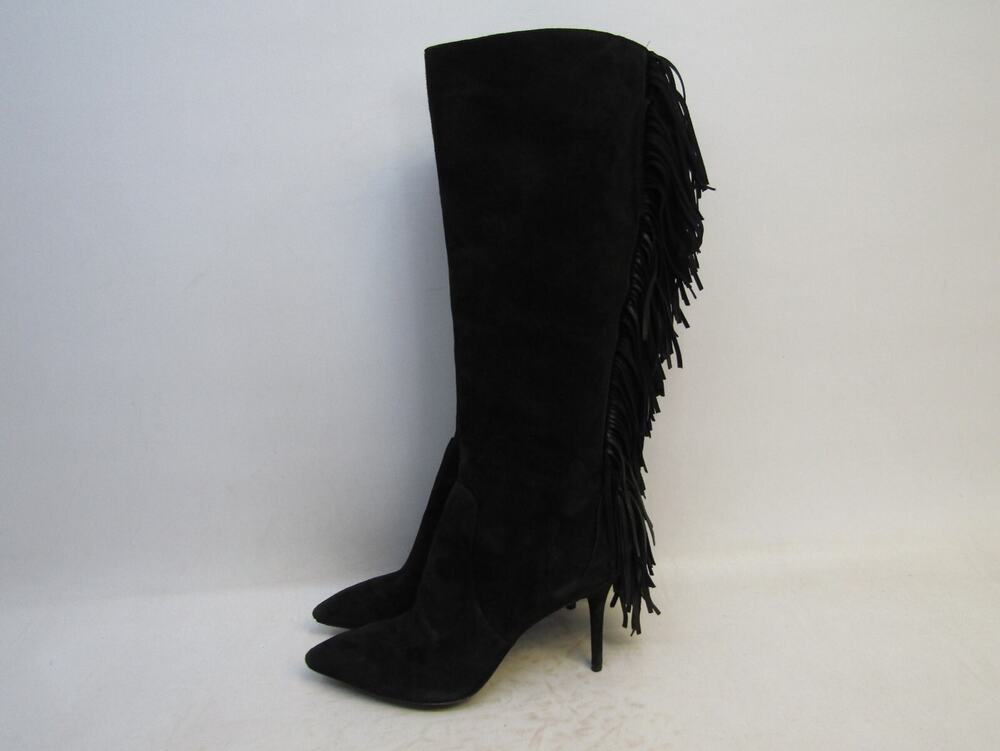 Brian Atwood Womens Sz 11 Black Suede Zip Fringe 17" Shaft Knee High Boots